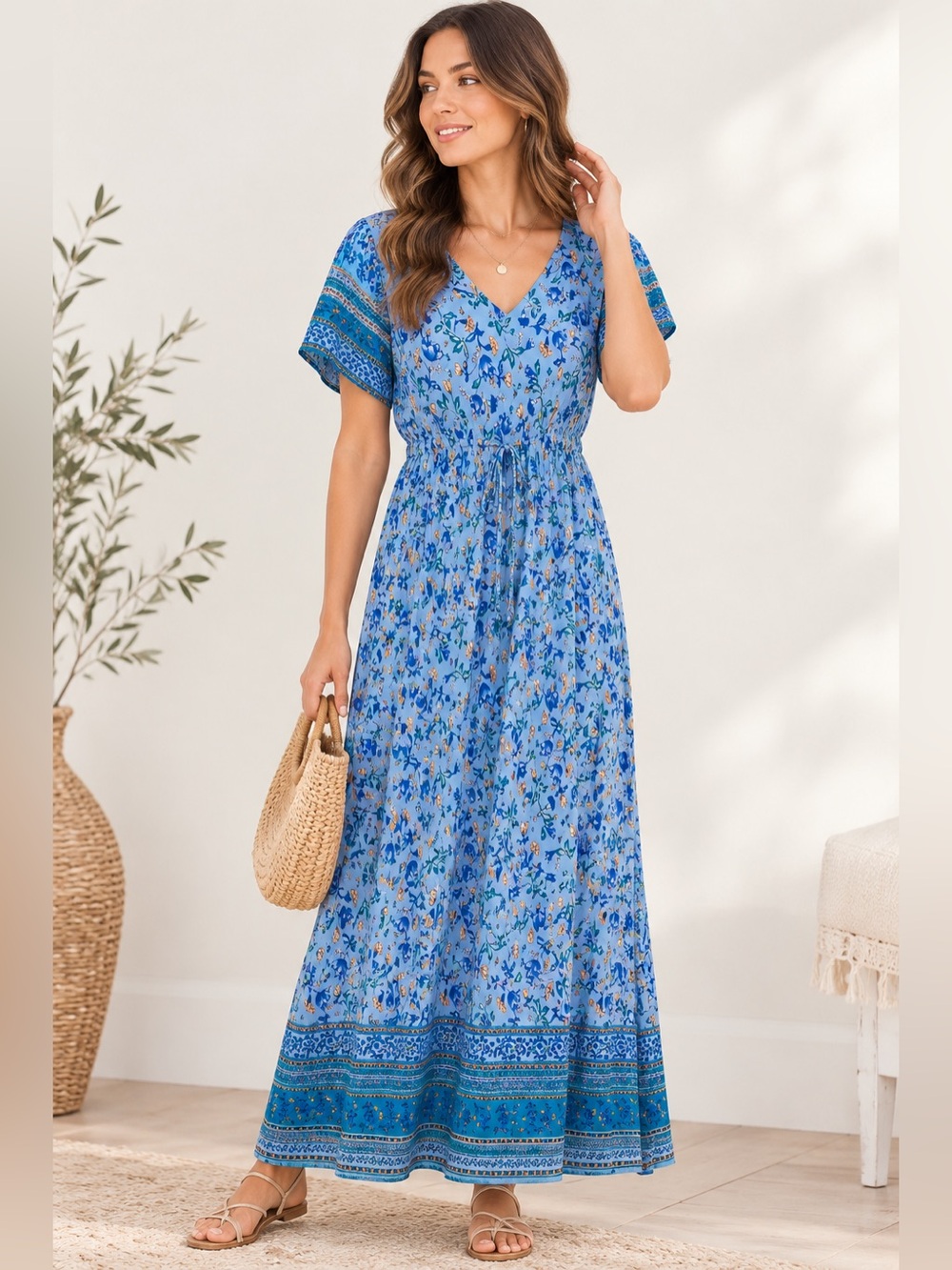 PRETTYGARDEN Maxi Dress Womens Med Blue Floral Boho Indie Hippie Resort Cruise